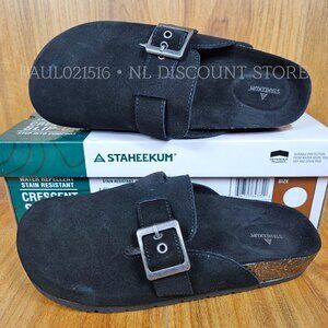 STAHEEKUM Women's Crescent Suede Slip-On Clogs Water Repellent, Black